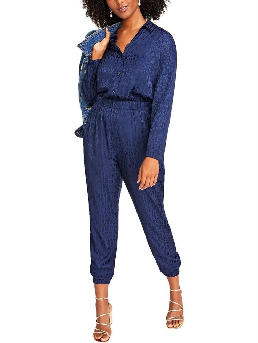 On 34th Womens Jacquard Ankle Jumpsuit Navy Sz LRG NWT